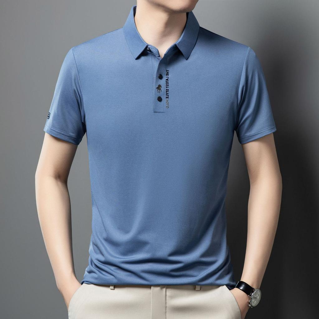 Ice Silk Embroidery Polo Shirt Summer Lapel Elasticity T-shirt Korean Fashion Short Sleeve Business Casual Men Clothing