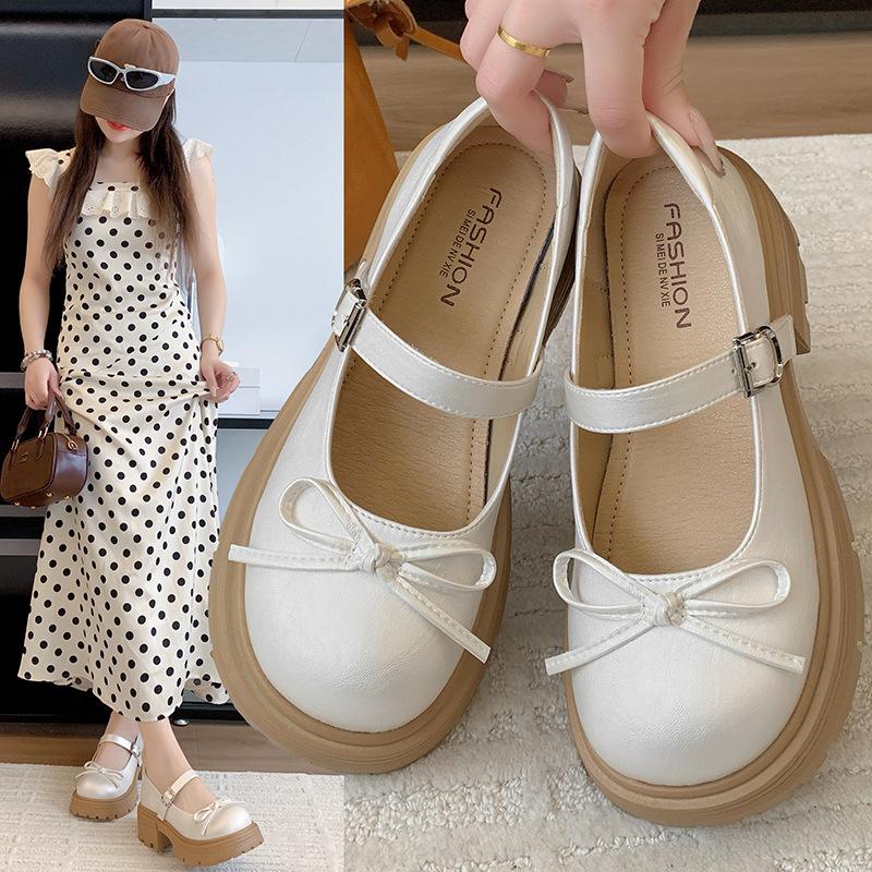 French bow Mary Jane single shoes women's 2025 summer and autumn new models with skirts, muffins, thick soles, big head and small leather shoes