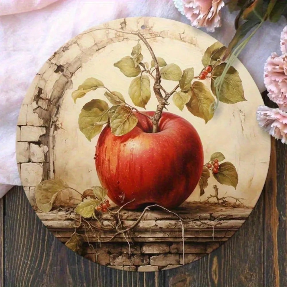 Tin Plate Art 2D Retro Hippie Round Wreath with Red Apples Green Leaf Wall Decor