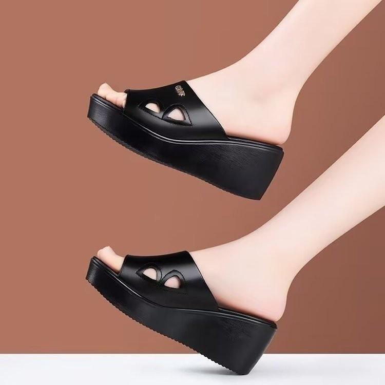 Slope Heel Cool Slippers Women's 2025 Summer New Muffin Thick Bottom Waterproof Table Women's Outer Wear Medium Heel Size Slippers