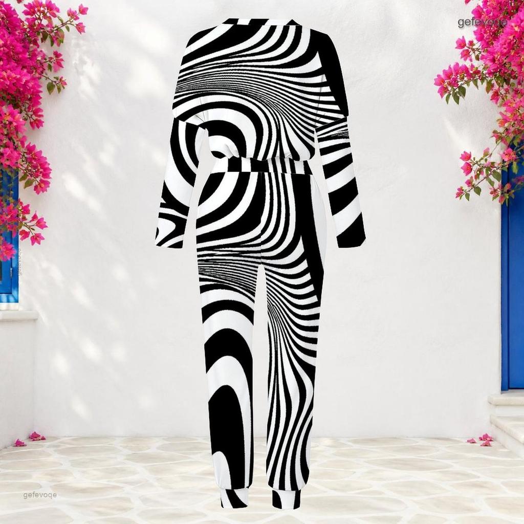 Women Plus Size Black White Printed Round Neck Long Sleeve Cuffed Top Cuffed Pants Two Piece Set