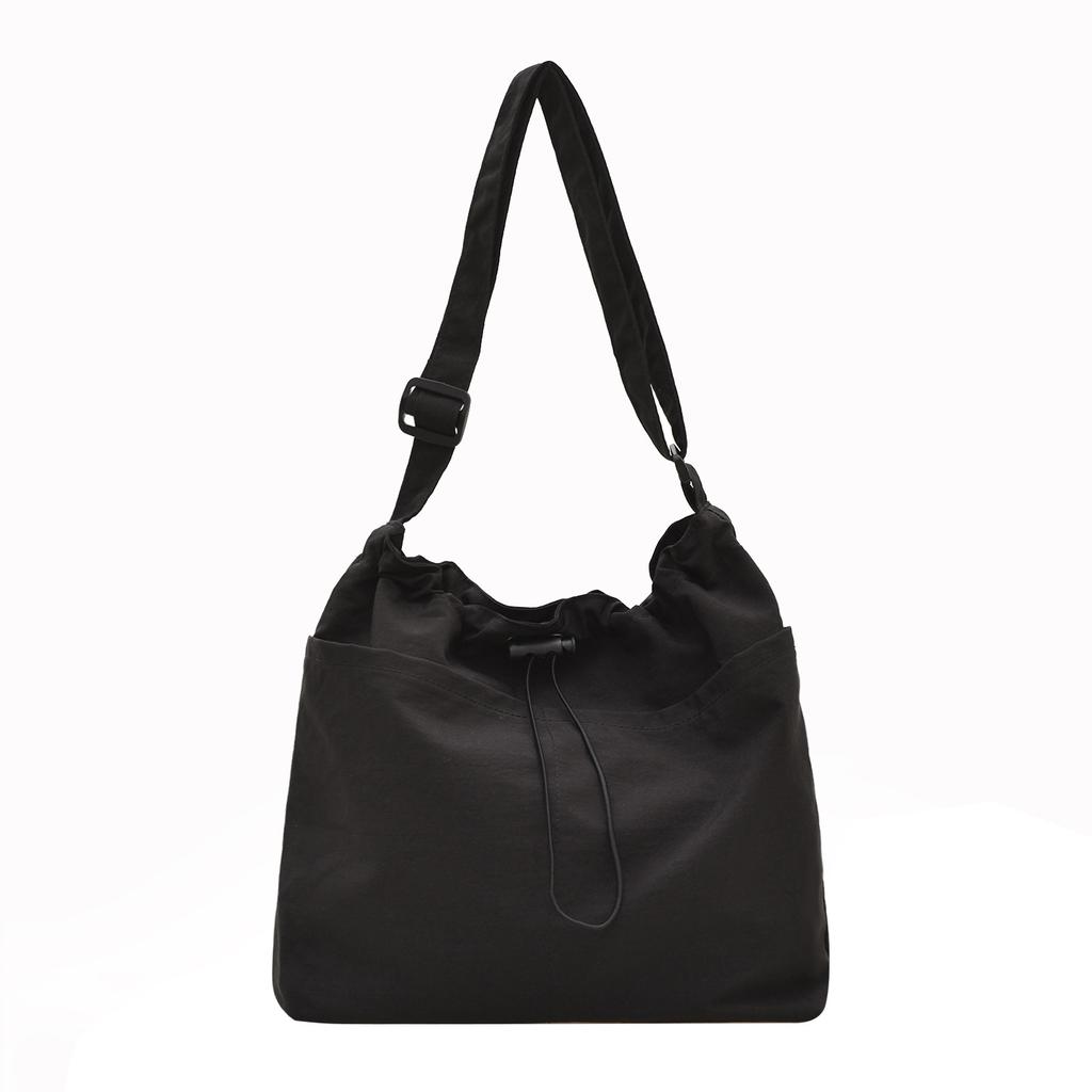 Washed Fabric Pleats Bucket Bag, Made Waterproof Nylon Drawstring Fold Cross Body Bags, Casual Versatile Shoulder Messenger Bag