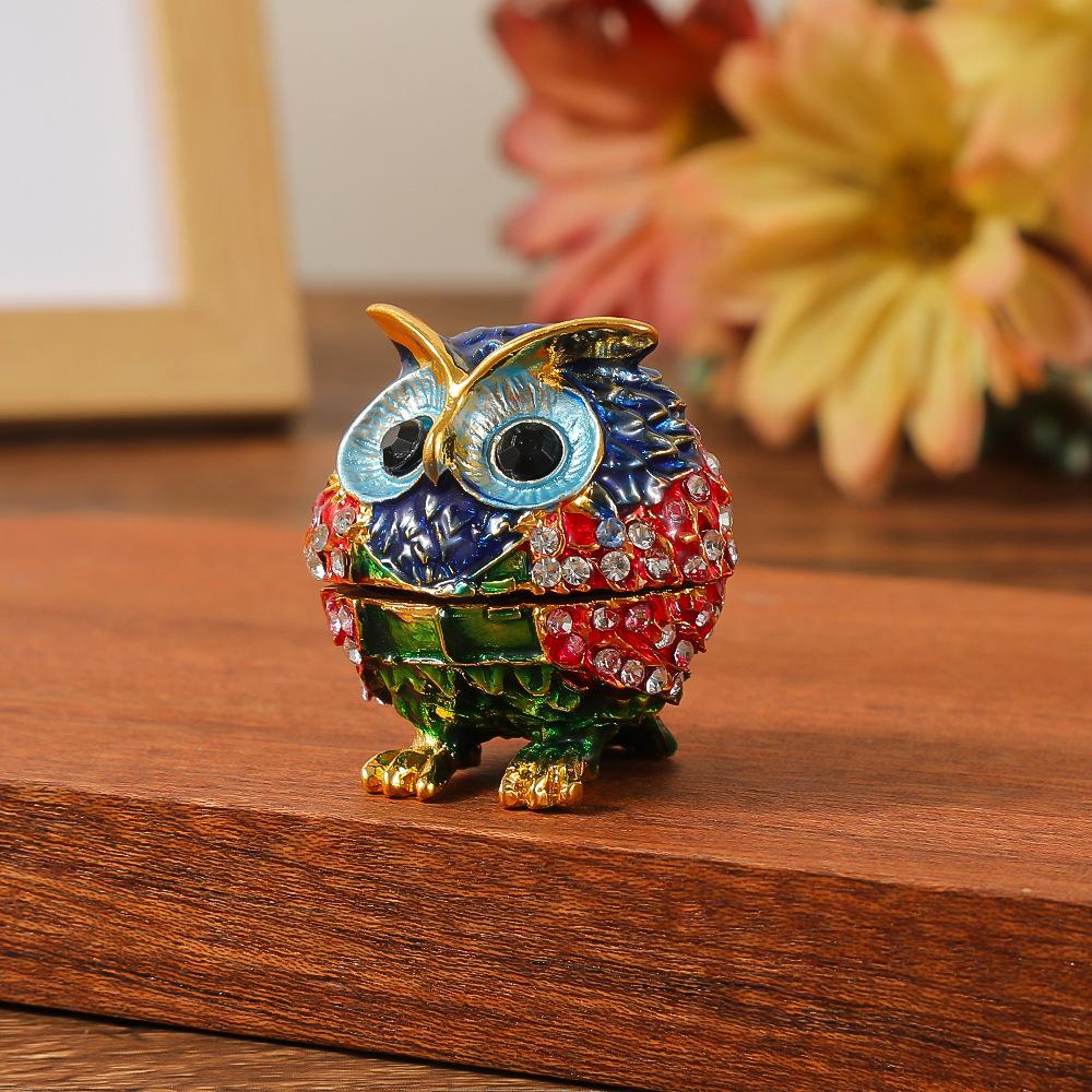 Owl Trinket Box Jewelry Box Hinged Collectible Animal Figurine Ring Necklace Holder Alloy Diamond Enamel Crafts Ornaments