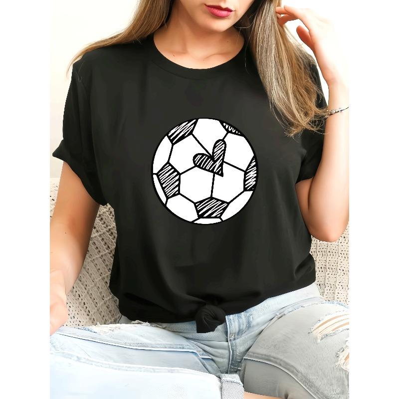

Women s Soccer Ball & Heart Print Casual T-Shirt - Breathable Short Sleeve Round Neck Top, Medium Stretch Machine Washable Spring Summer Tee 4XL чорний