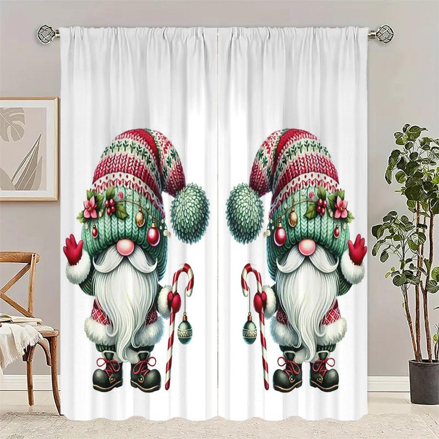 Set Of 2 Santa Claus Printed Curtains Pole Bag Christmas Decorations Home Room Made Polyester