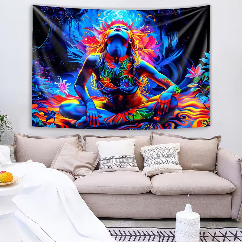 2D Spiritual Blacklight Tapestry, Fluorescent Meditation Woman Backdrop