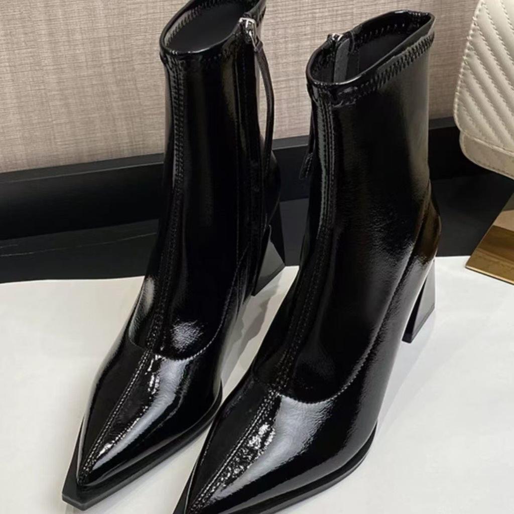 Elastische Stiefel Seitenreißverschluss hoher Absatz kurze Stiefel Samt neu Lackleder Herbst und Winter dicker Absatz Martin Stiefel Damen spitz zulaufend dünn