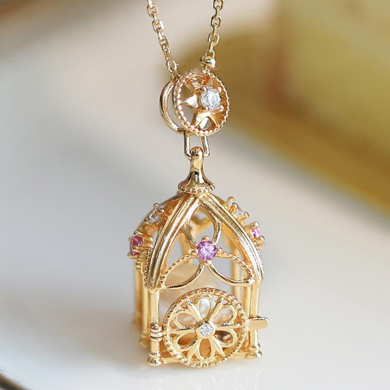 Original New Merry-Go-Round Pendant Romantic Cute Style  Inlaid Small Fine Diamond Pearl Necklace Jewelry Bottom Can Open