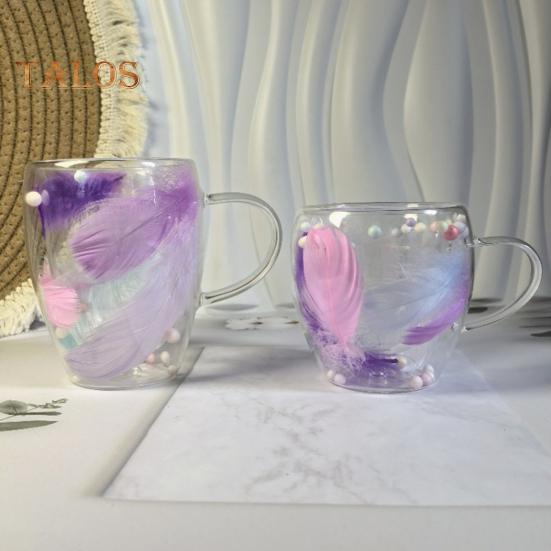 Double Wall Glass Coffee Mug 250/350ml Feather Design Cup with Handle Insulated Anti-Scalding Comfortable Grip Temperature Control Tumbler for Tea