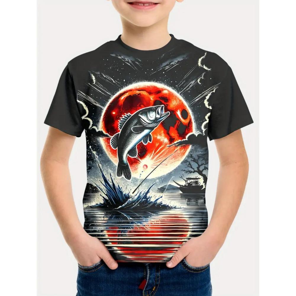 Summer Kids' T-Shirt Cartoon Shark Fishing Boy Casual Cool Round Neck Fashion Top