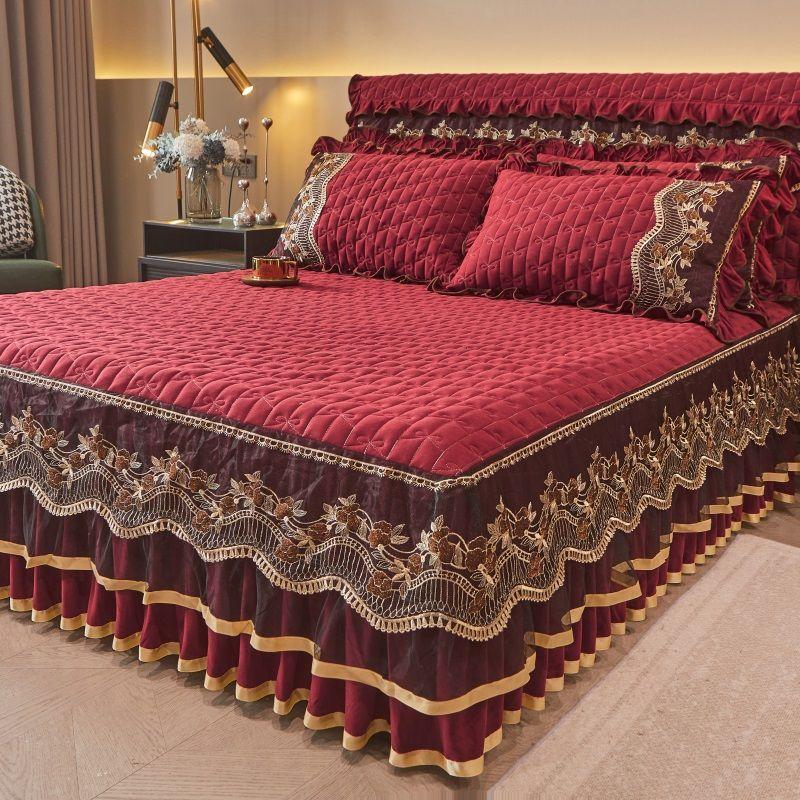 Sada vintage stylu volánu na postel a povlaků na polštáře - 3dílná vyšívaná krajková ozdoba, zesílená prošívaná ložní souprava, pratelná v pračce, celoroční pohodlí pro domov