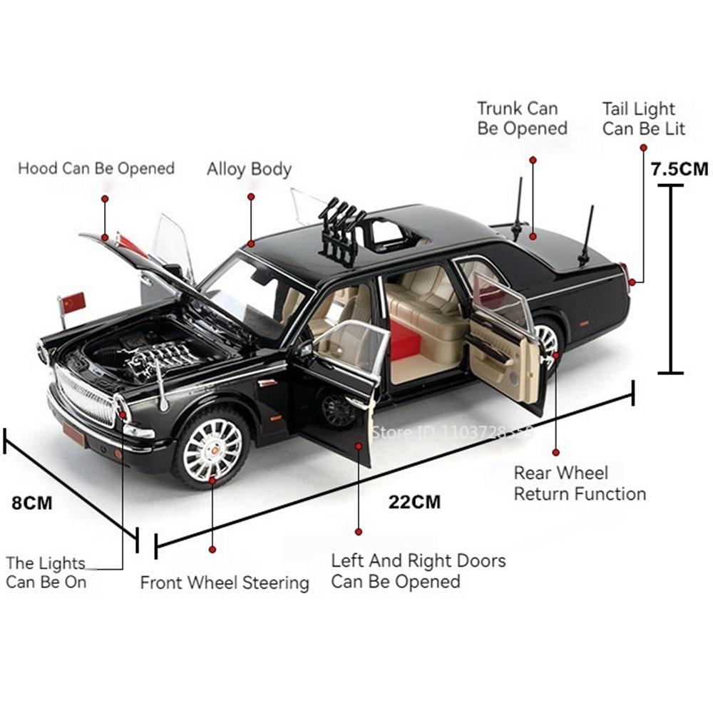 1:24 Scale HONGQI E-HS9 Toy Car Models Alloy Diecast 70TH Anniversary Vehicles Sound Light Doors Opened Pull Back for Kids Gifts