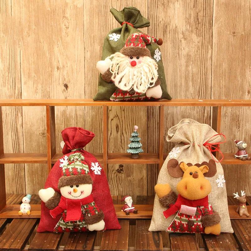 Large Christmas Linen Drawstring Gift Bag Candy Snack Packaging Bag New Year Holiday Cartoon Apple Stocking Christmas Decoration