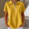 Women Tops Lapel Short Sleeve Zipper Half Placket Shirt Tops Pure Color Waffle Texture Loose Fit Casual Shirt Home Dates Versatile Wear