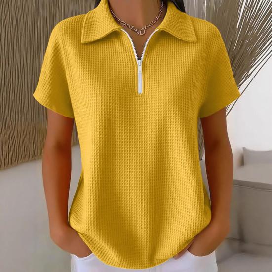 Women Tops Lapel Short Sleeve Zipper Half Placket Shirt Tops Pure Color Waffle Texture Loose Fit Casual Shirt Home Dates Versatile Wear