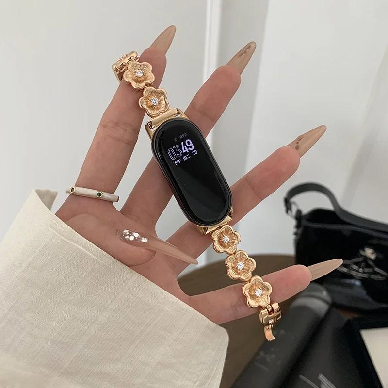 

Women Wristband Metal Chain Strap for MiBand 7 6 5 Luxury Zircon Flowers Bracelet for Xiaomi Mi Band 9 8 Replacement Accessories for Mi 9 розового золота