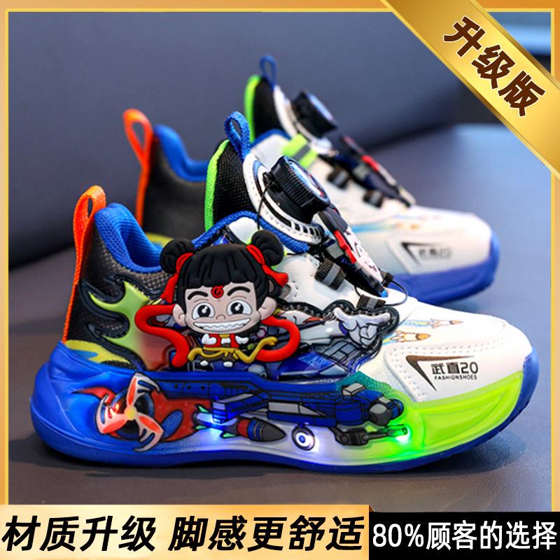 Nezha boys shoes 2025 new spring mesh breathable sneakers children's flashing dad shoes boys lightweight