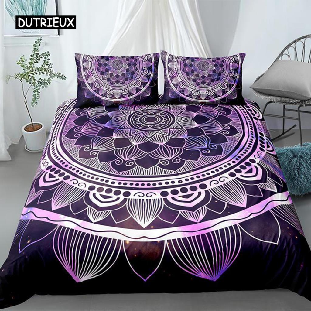 Mandala Duvet Cover Set King Polyester Tie Dye Paisley Quilt Cover Purple Boho Hippie Trippy Floral Exotic Style Bedding Set