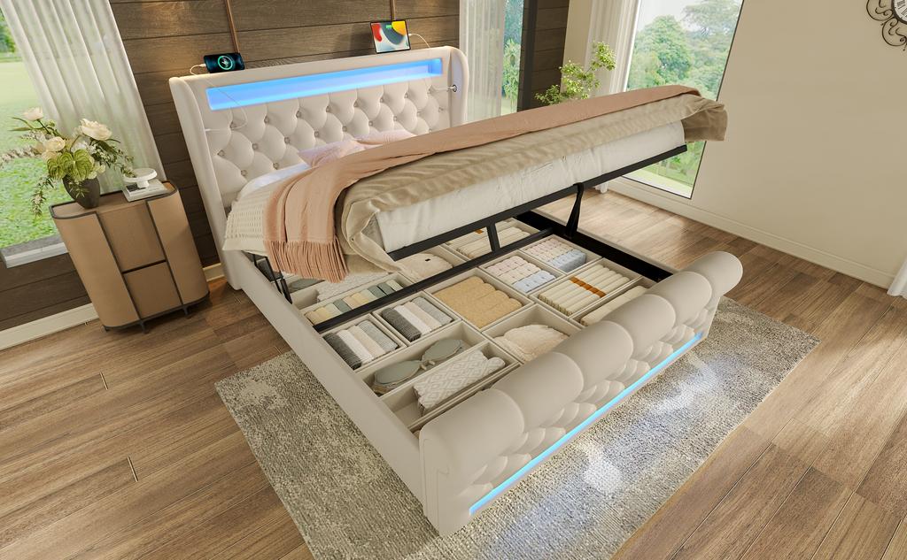 Upholstered Bed Double 140x200cm, with LED Lights, Storage Headboard with USB and Type-C Ports, Hydraulic Storage, Beige, Velvet (Without Mattress)