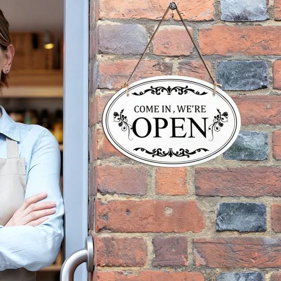 Oval Shaped Welcome Plaque Wooden Open Closed Sign, Double-Sided Hanging Door Sign with Vintage Indoor Store Front Display Frame, Waterproof