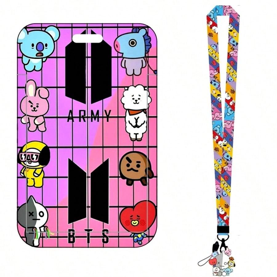 LINE FRIENDS BT21 Kpop Anime Cartoon Lanyard Key Ring with ABS Card Holder for Meal Cards Transit Cards and ID Cards