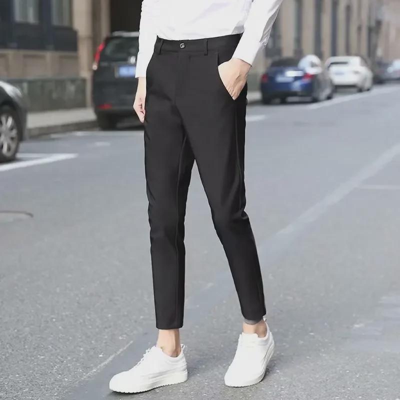 Pánské černé 9/10 kalhoty slim fit - korejský styl, všestranné pro jaro/podzim