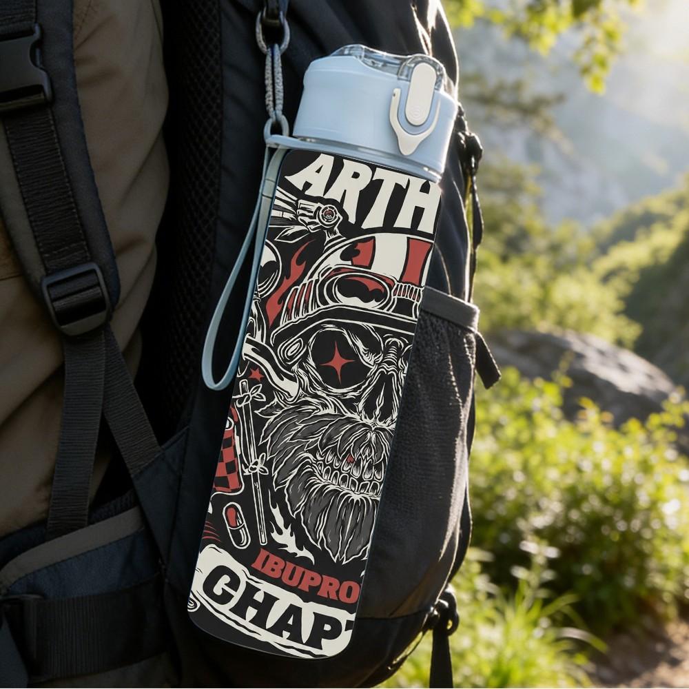 1PC Black Skull Badge 750ml sports water bottle leakproof straw lid outdoor office home