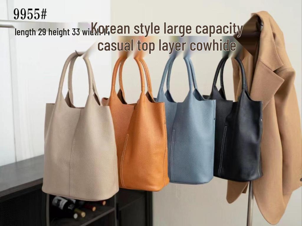 Geantă Găleată Strat Superior Piele de Vacă: Geantă de mână din piele moale naturală, Mare A4 pentru navetă, Stil casual versatil pentru guler alb