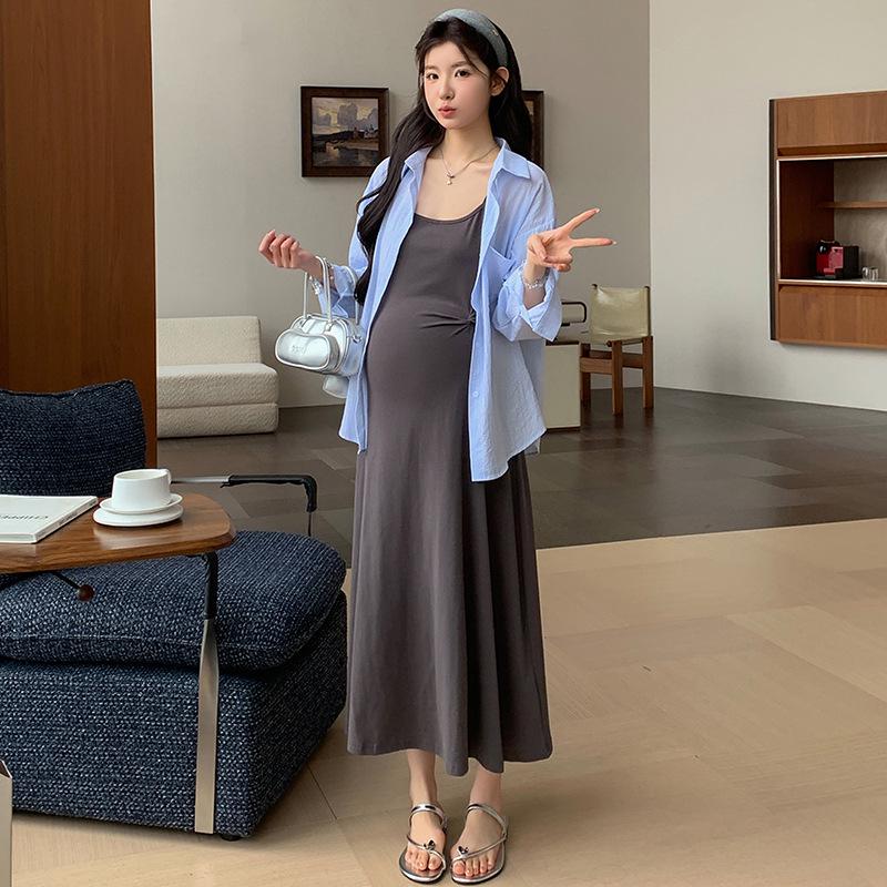 

2026 Summer Casual Maternity Sun Protection Shirt & Elastic Twist Camisole Dress Set M