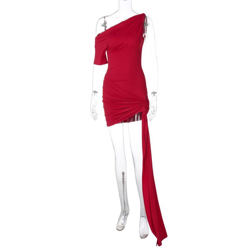 

Slanted Shoulder Strap Wrapped Skirt One-Sleeve Asymmetric Streamer Bodycon Dress Red L
