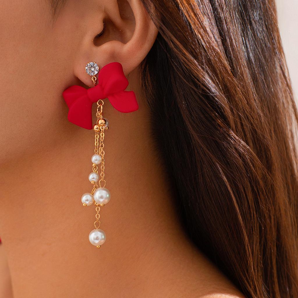 Accessories Sweet Cool New Year Red Bow Stud Earrings Temperament Imitation Pearl Fringed Earrings