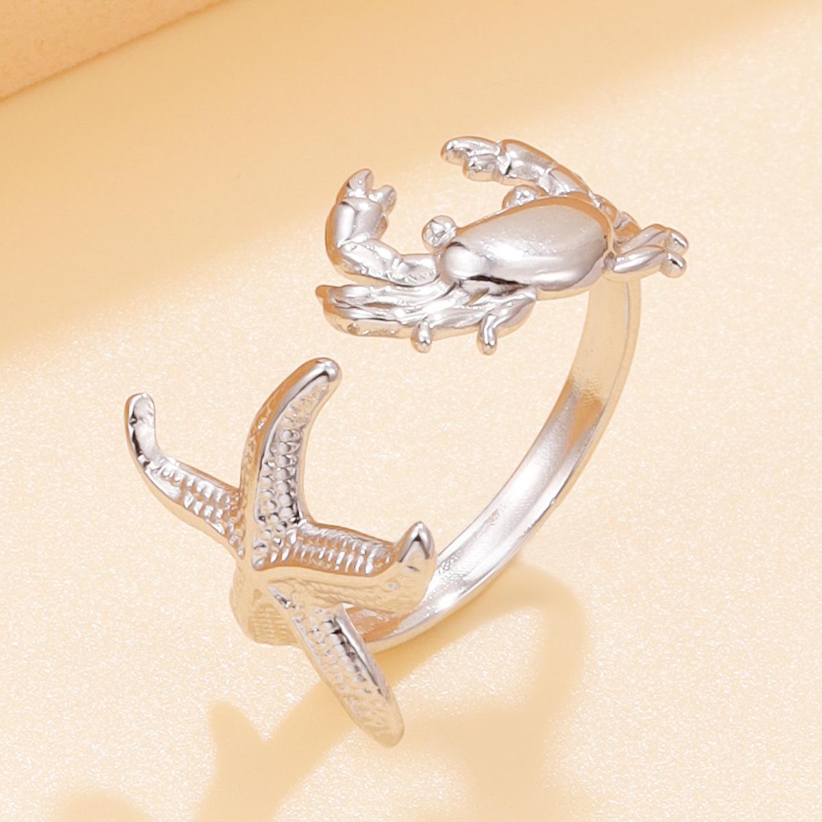 European & American 18K Gold-Plated Stainless Steel Starfish & Crab Resort Ring