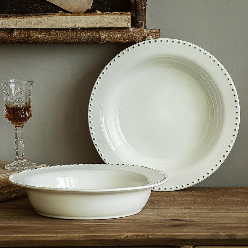 Retro Style Relief Pearl Straw Hat Bowl Household Ceramic Large Bowl Soup Bowl Salad Bowl Tableware Pasta Bowl Restaurant Plate