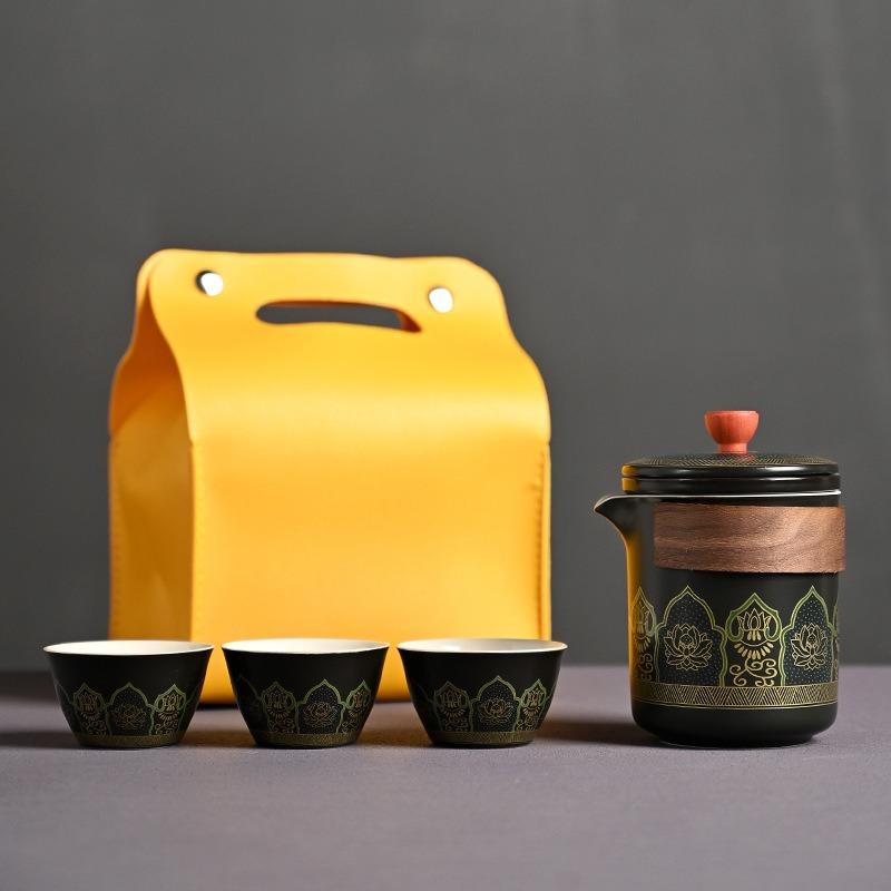 Portable Travel Tea Set, Ceramic Teapot & Cups with Storage Bag for Outdoor & Gift