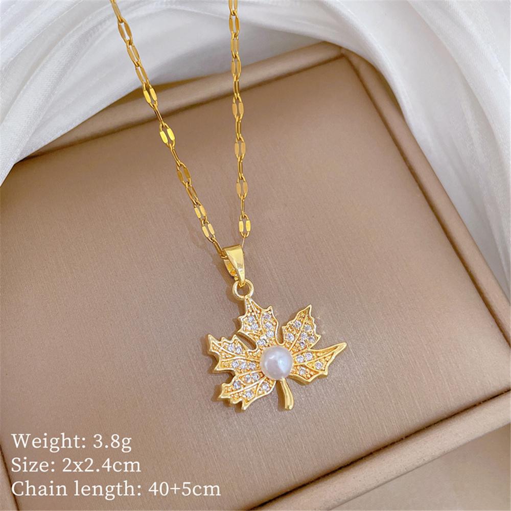 Elegant Charm Female Small White Zircon Stone Leaf Pearl Pendant Necklace Gold Color Wedding Jewelry For Women
