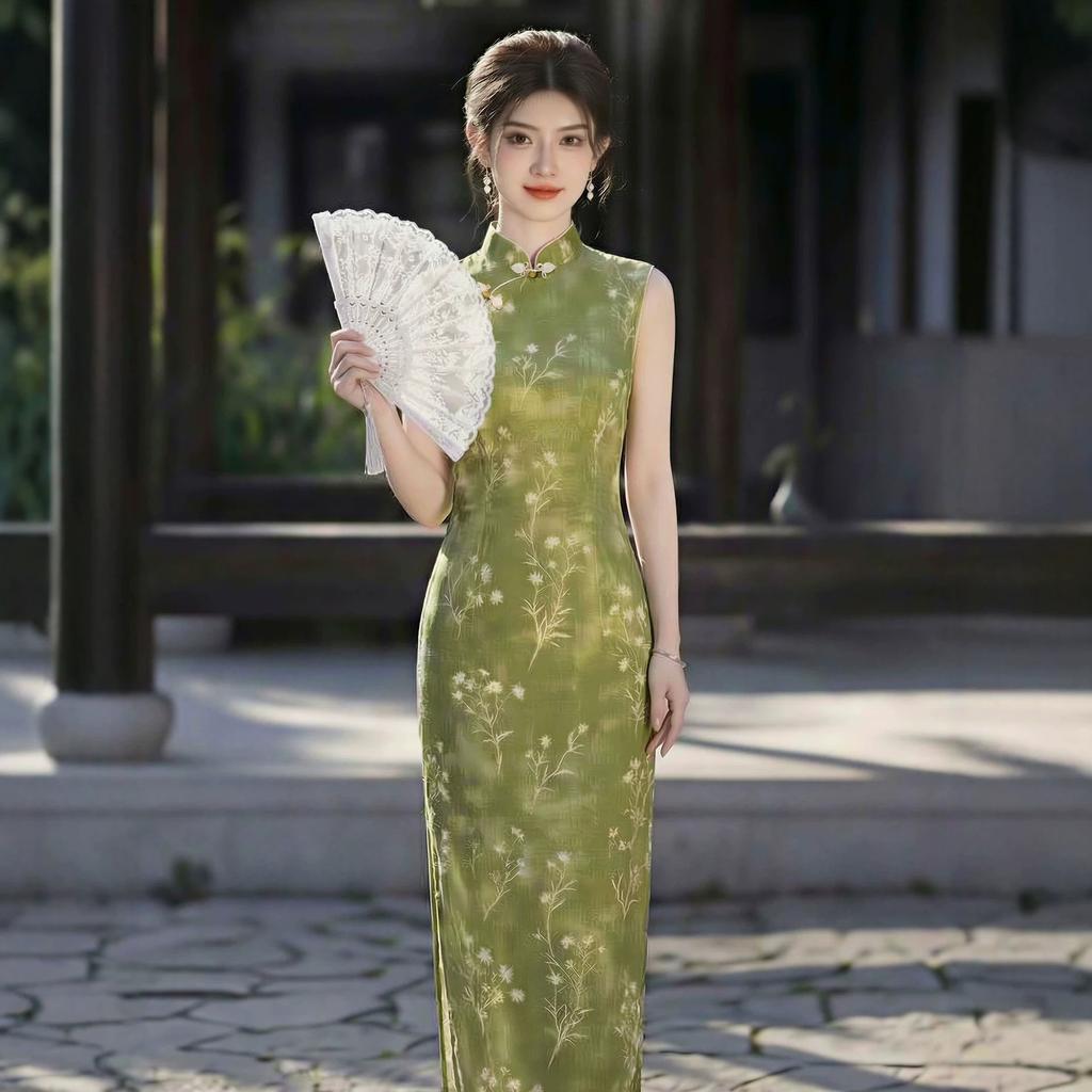Retro green 1 cheongsam women's stand-up collar jacquard sleeveless long classic slim new Chinese style dress