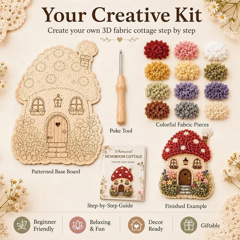 Whimsical Village Creative 3D Fabric Poke Art DIY Kit Mushroom Cottage Village Hand‑Poking Craft Making Set For Adults Beginners