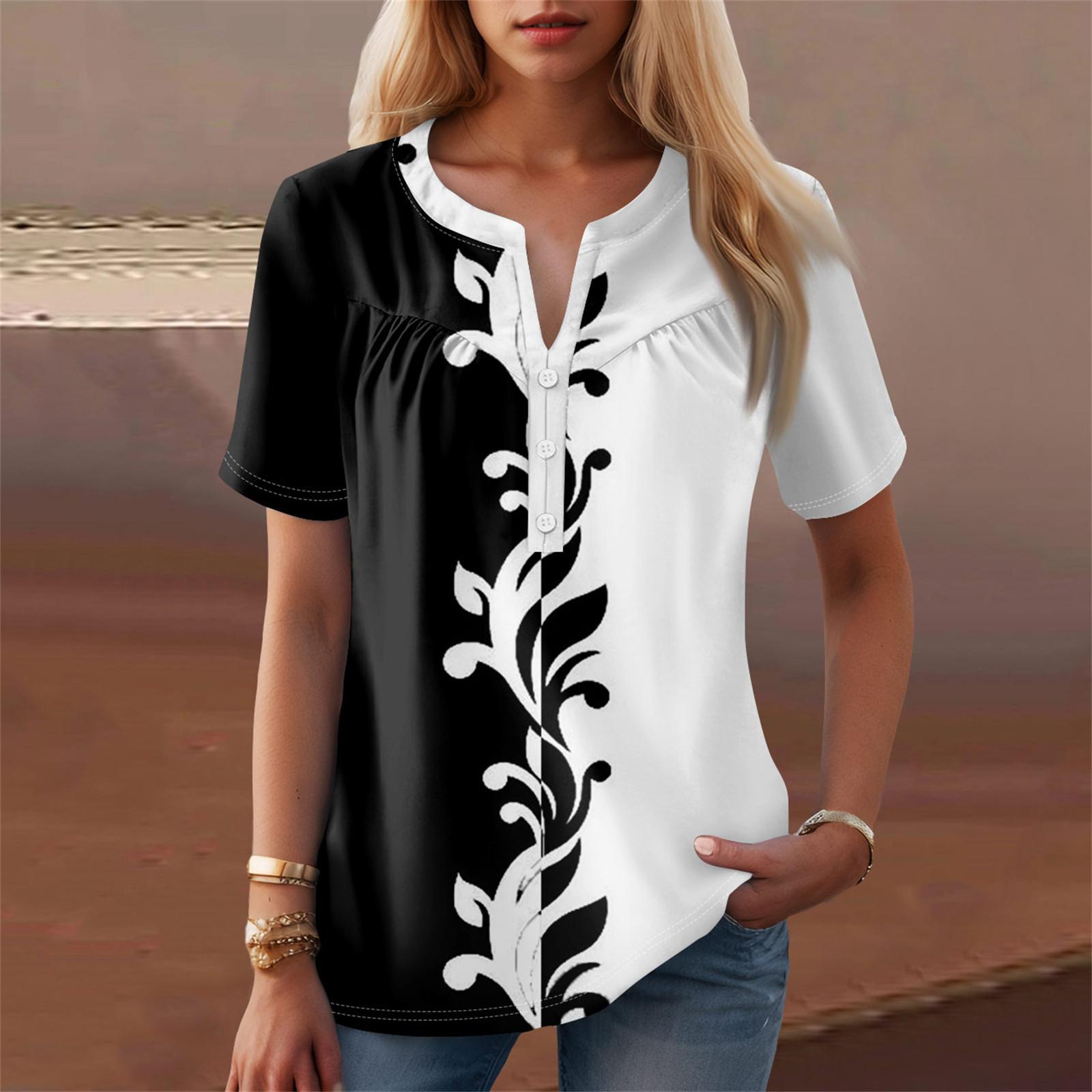 

Женская повседневная футболка с v-образным вырезом и коротким рукавом с цветочным принтом и декоративными пуговицами, топ L чёрный