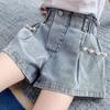 Summer Girls Denim Shorts Korean Fashion New Children's Pleated Jeans 4-12Years Teens Girls Short Jeans Pearl Decoration