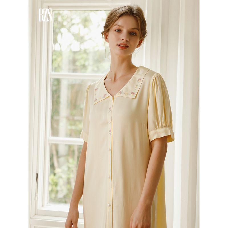 2024 Summer Cooling Fast Breathable Comfortable Short Sleeve Skirt Tribute Satin Cotton Silk Comfortable Embroider Home Wear Outwear Nightdress