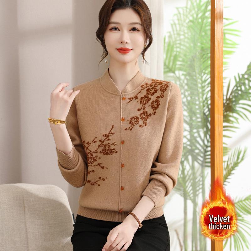 Velvet Qipao Collar Sweater for Middle-Aged & Elderly - Winter One-Piece Stylish Top with Thickened Base Layer.