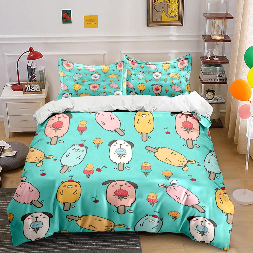 Cartoon Ice Cream Animals Pattern Bedding Duvet Cover Set (1*Duvet Cover 2*Pillowcases, Without Duvet Insert)