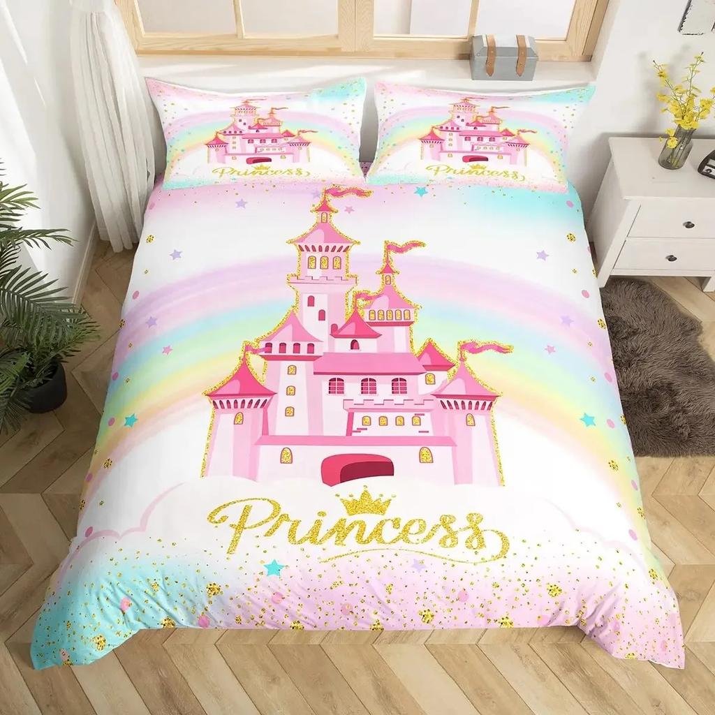 Rainbow Castle Duvet Cover King Queen Boys Girls Cartoon Girly Bedding Set Princess Castle Comforter Cover Bedroom Quilt Cover