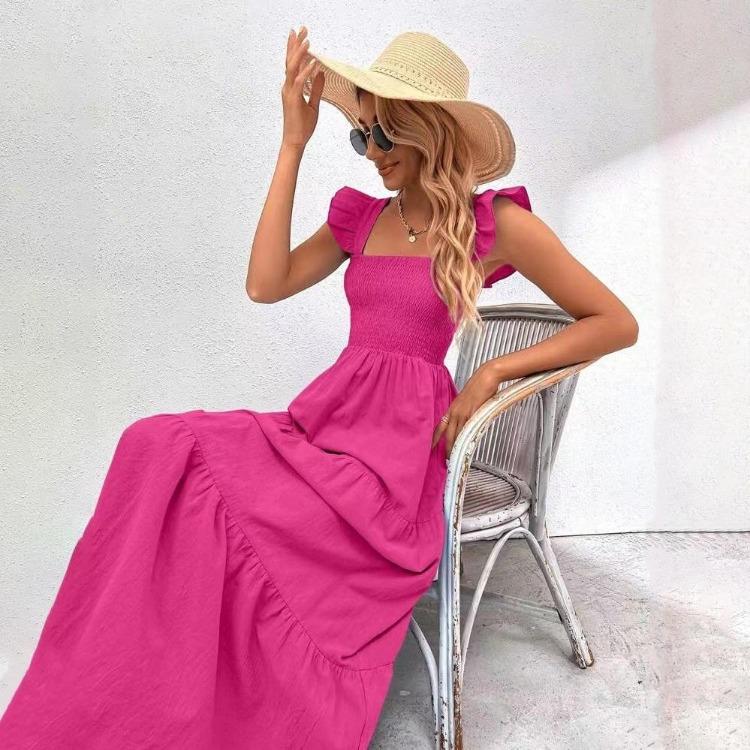 Lässiges A-Linien-Kleid Damen Einfarbig Ärmellos Hohe Taille Knöchellang Eckiger Ausschnitt Herbst Winter