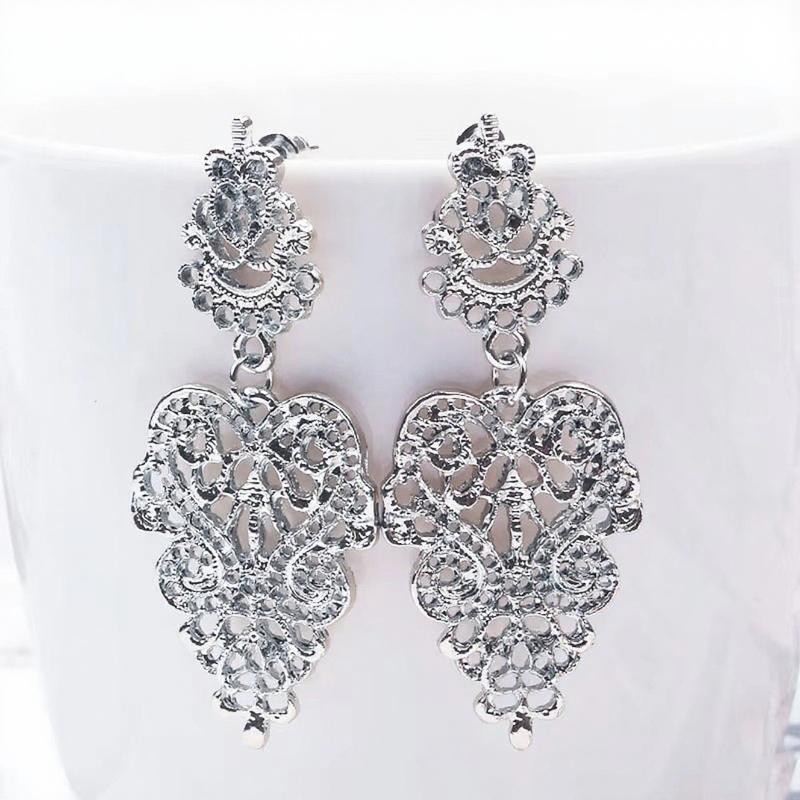 Courtly Vintage Hanging Earrings for Women Baroque Hollow Geometry Statement Gold Silver Black Metal Earrings