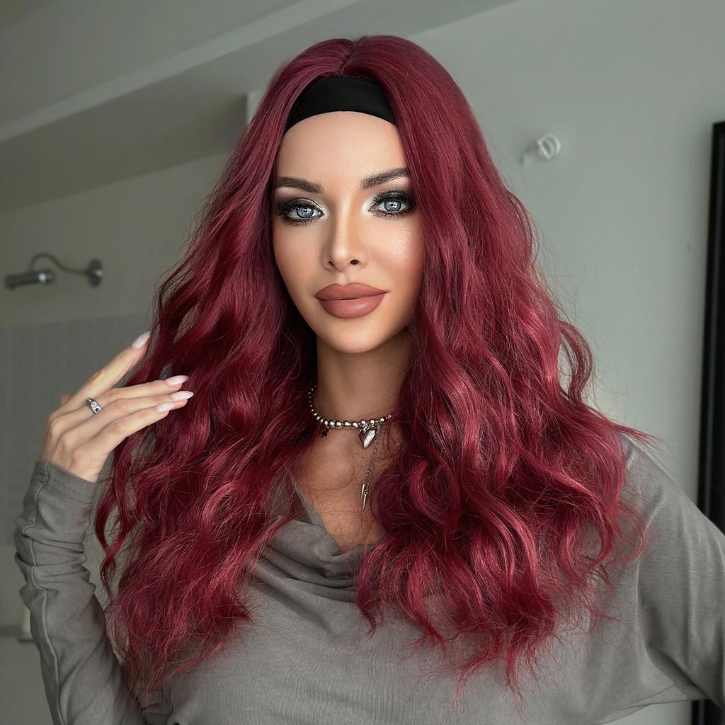26 Inch Bright Red Long Wavy Headband Synthetic Hair Wigs Heat Resistant Fiber Natural Matt Wigs Peluca