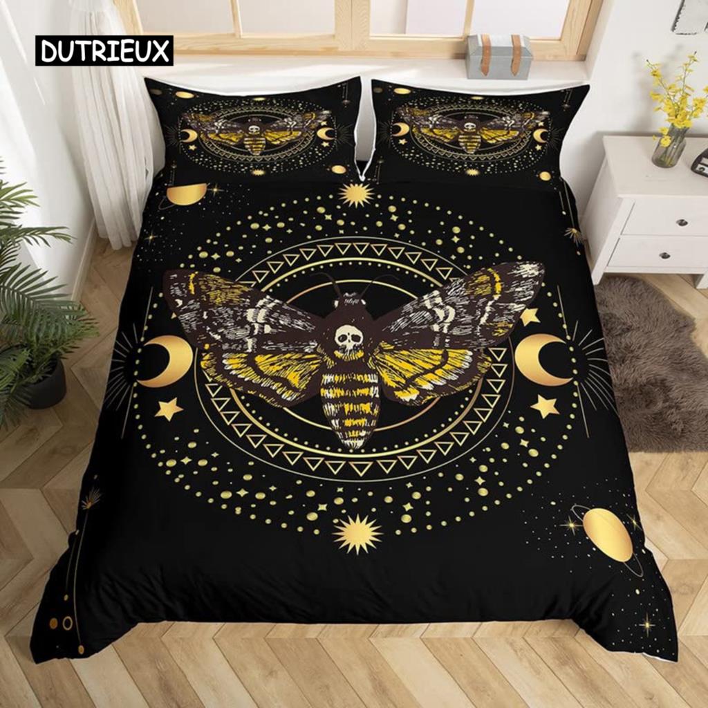 Schmetterling und Totenkopf-Falter Bettbezug Queen Gothic Schädel Blume Sternenhimmel Mond Bettwäsche-Set Polyester Boho Exotisch Schwarz Steppdecke