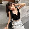 Solid Women's Vest Button Sexy Tops Sleeveless Black White Fashion Lady Tees
