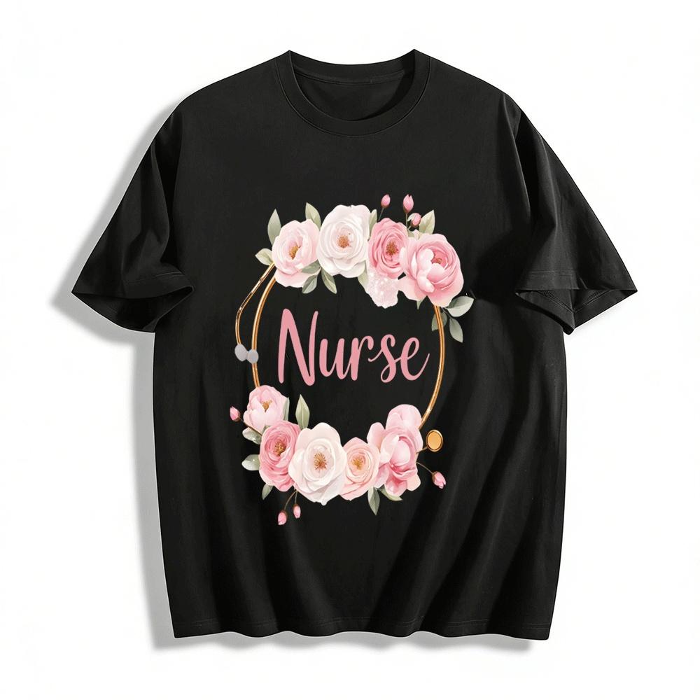 

Floral Stethoscope Nurse Themed Casual Top For Medical Workers Pure cotton T-shirt XXS