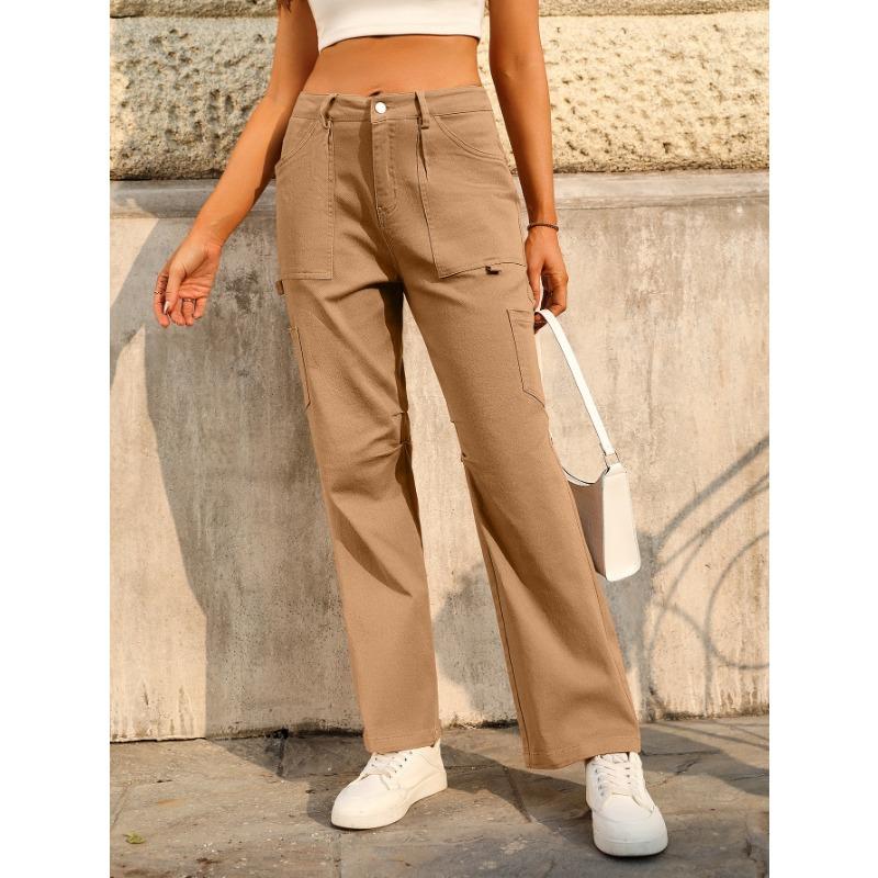 Damen lockere lässige High-Waist gerade Hosen mit sechs Taschen Cargo-Hosen
